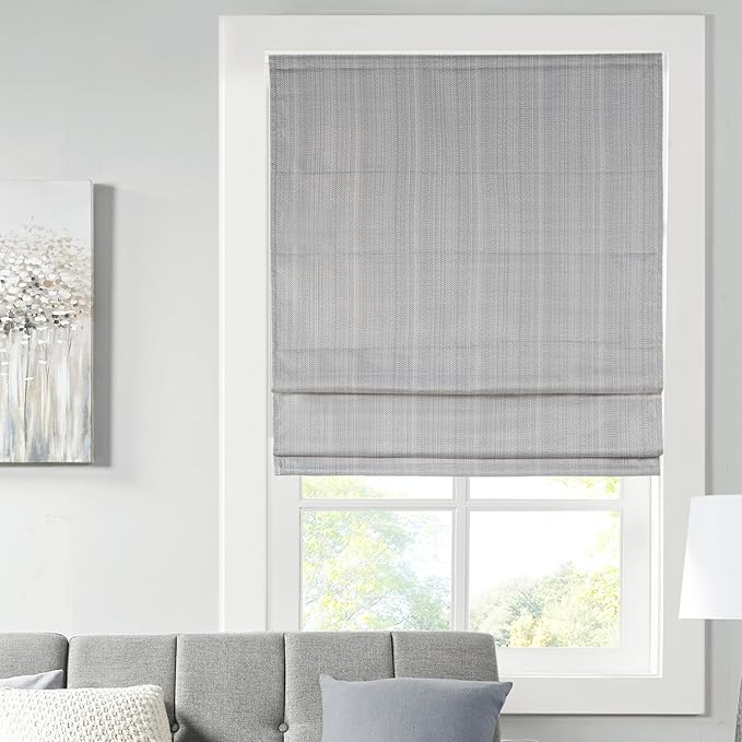 Madison Park Galen Cordless Roman Shade, 39"W x 64"H, Sheen Grey – Room Darkening, Thermal Insulated, Energy Efficient Window Blind with Subtle Sheen Basketweave Fabric for Privacy