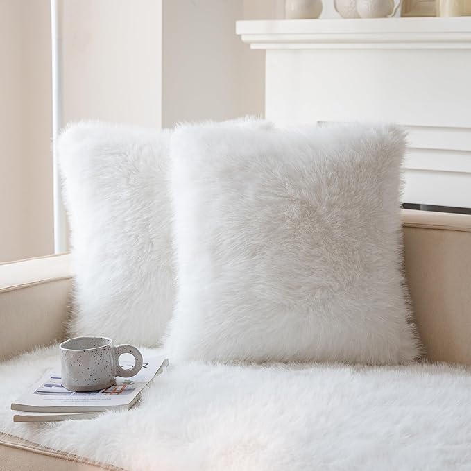Neelvin Cream White Faux Fur Cozy Fluffy Double-Sided Decorative Throw Pillow Covers 22x22 inch Set of 2,Velvet Pillowcase Cushion Case for Sofa Couch
