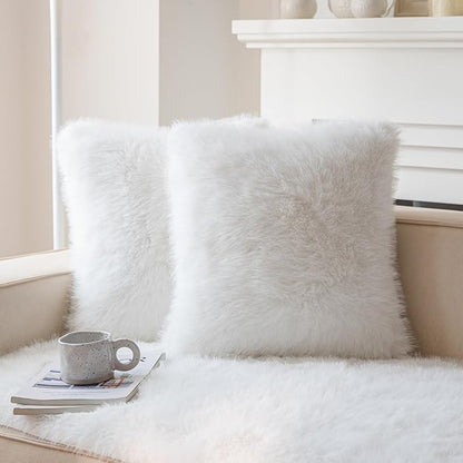 Neelvin Cream White Faux Fur Cozy Fluffy Double-Sided Decorative Throw Pillow Covers 24x24 inch Set of 2,Velvet Pillowcase Cushion Case for Sofa Couch