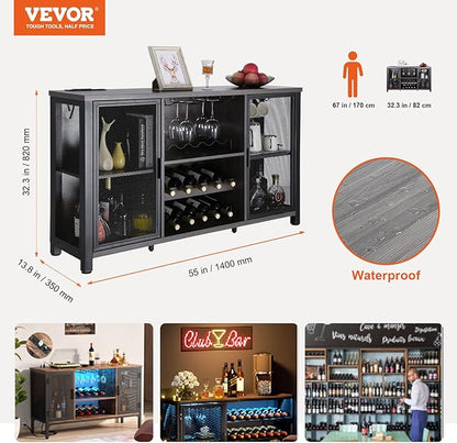 VEVOR 55 Inch Industrial Bar Cabinet, Wine Table for Liquor and Glasses, Sideboard Buffet Cabinet with Wine Rack, Freestanding Farmhouse Wood Coffee Bar Cabinet for Living Room, Home Bar, and Kitchen