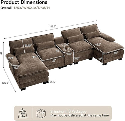 U Shaped Sectional Sofa with Storage Console, Cup Holders & USB Ports, Small Modular Cloud Couch with Deep Seats, Modern Comfy Living Room Sofa for Apartment, Chenille Brown