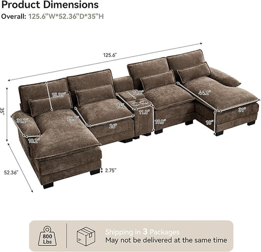 U Shaped Sectional Sofa with Storage Console, Cup Holders & USB Ports, Small Modular Cloud Couch with Deep Seats, Modern Comfy Living Room Sofa for Apartment, Chenille Brown