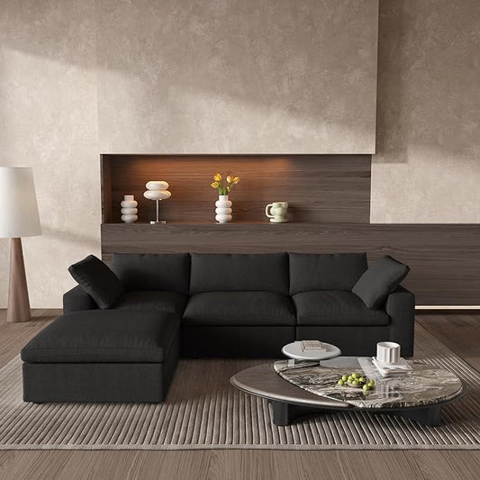 Cloud Couch Modular Sectional Sofa with Storage Ottoman,L Shaped Couch for Living Room,120.45inch Down Filled 4 Seater Black Convertible Sectional Sofas,Covers Washable&Replaceable