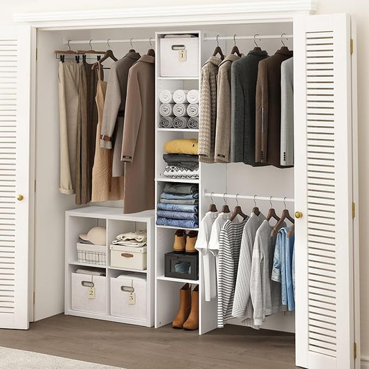 Furinno FANO Closet Organizers and Storage, Closet Storage Organizer with 3 Hanging Bars, Wardrobe Closet Shelf Towers, for Wardrobe, Bedroom, Living Room, White