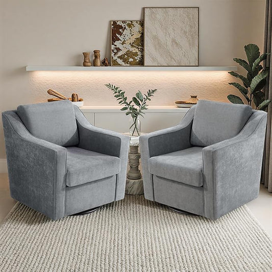 Pia Ricco Set of 2 Oversized Modern Striped Fabric Swivel Accent Chairs with Removable Covers, Living Room Reception Set