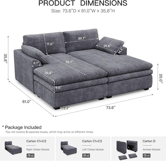 Belffin Large Modular Sectional Sofa with Deep Chaise, 73.6" Corduroy L Shaped Couch with 9" Soft Dual-Layer Seats Cushion for Living Room, Apartment, Light Grey