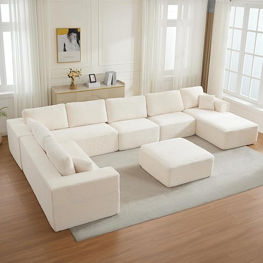 Modular Sectional Cloud Couch for Living Room,Modern Boneless Couche Set with Plush Corduroy,Comfy Floor Sofa with Memory Foam,Stupendous U Shaped Sofa with Ottoman,No Assembly Required,Beige