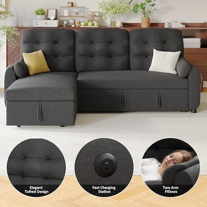 Ucloveria Sleeper Sofa Bed, 86" Convertible Sectional Sofa Couches for Living Room, Pull Out Couch Bed with Reversible Storage Chaise | USB Ports | Side Pockets | Removable Backrest