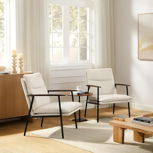 Art Leon Accent Chairs Set of 2-Fabric Side Sitting Chair Solid Accent Chair with Wood Armrests Ergonomic Reading Chair with Metal Frame for Living Room, Bedroom, Guest Room Beige