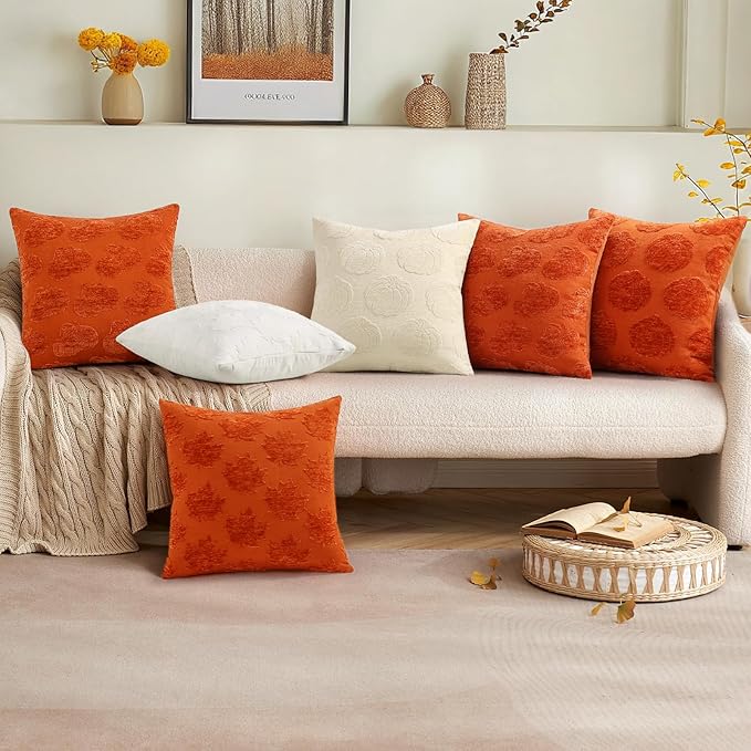 decorUhome Decorative Two Rust Pumpkins Thanksgiving Throw Pillow Covers 12x20 Set of 2, Soft Chenille Jacquard Farmhouse Textured Pillow Covers for Couch Bed Sofa Autumn Harvest Halloween Holiday