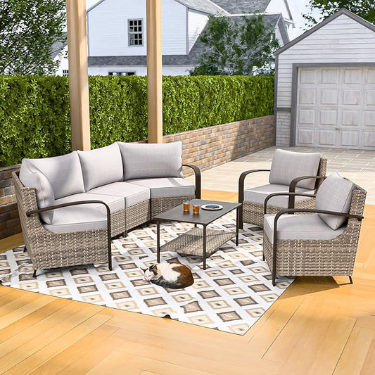 COOS BAY Aurora Terrace Half-Moon Outdoor Furniture Set, Rattan Conversation Set with Patio Chairs, Curved 4-Seat Sofa, Coffee Table, Seats 6, Beige/Beige