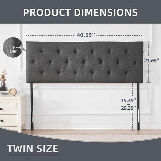 Linen Upholstered Headboard Twin Size, Diamond Tufting Solid Wood Twin XL Headboard Only, Adjustable Height from 37” to 51” Head Board, Dorm Bed Frame or Wall Mount Headboards, Dark Grey