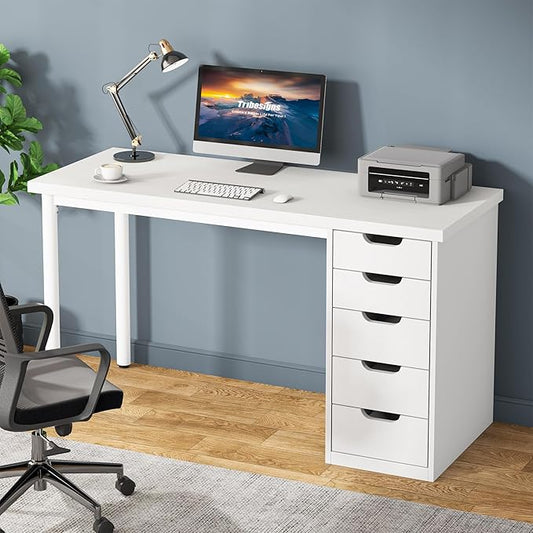 Tribesigns Computer Desk with 5 Drawers, 47 inches Rustic Brown Home Office Desk with Storage, Modern Simple Laptop Desk Study Writing Table for Small Spaces (1, White)
