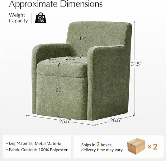 HULALA HOME Upholstered Dining Chair Set of 2 with Smooth-roling Castors, Modern Fabric Side Dining Room Chairs with Built-in Storage, Multi-Purpos Kitchen Chairs for Living Room, Moss