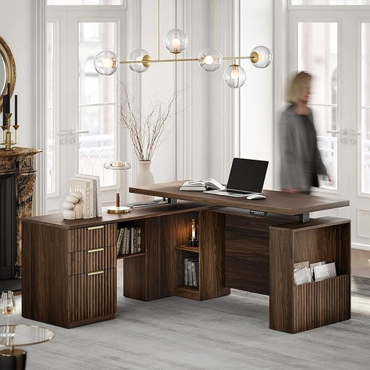 63 Inches L Shaped Standing Desk, Executive Standing Desk with Drawers and File Cabinet, AC/USB, 1.18" Whole-Piece Desktop, Multi-sized Storage Cubby, Privacy Panel, Fluted Computer Desk, Black Walnut