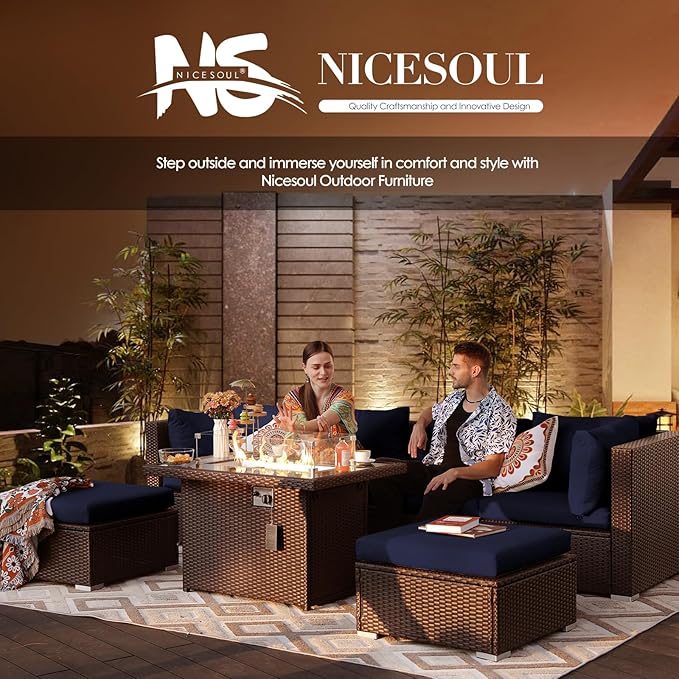 NICESOUL 7 Pcs Patio Conversation Set with Fire Table Natural Gas & Propane, 29.3'' High Backres Outdoor Sectional Sofa Sets, Large Deep Sitting Furniture for Exteriors, Brown Rattan and Blue Cushion