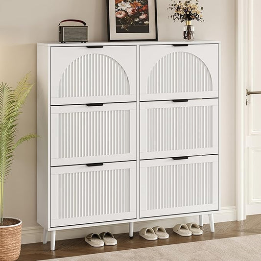 Shoe Cabinet for Entryway with 6 Flip Drawers, Slim Wooden Shoe Storage Organizer with Modern Fluted Pannel，Freestanding Narrow Hidden Shoe Rack for Hallway, Foyer, Living Room
