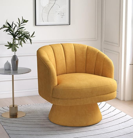 Swivel Accent Chair,Upholstered Velvet 360° Swivel Barrel Chair for Living Room Overstuffed Bouncle Reading Chair Round Armchair for Bedroom,Vanity,Office (Mustard)