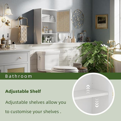 Bathroom Wall Cabinet, Bamboo Over-The-Toilet Storage Organizer with Rattan Doors and Adjustable Shelf, Space Saver Medicine Cabinet for Laundry, Kitchen, Living Room (White)