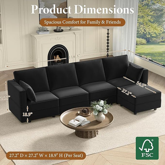 Vesgantti Sectional Couches with Storage Seats, 118" L Shaped Convertible Modular Sectional Sofa, 4 Seat & 1 Ottoman Velvet Storage Chaises Deep Seat Couch for Living Room, Bedroom, Apartment, Black