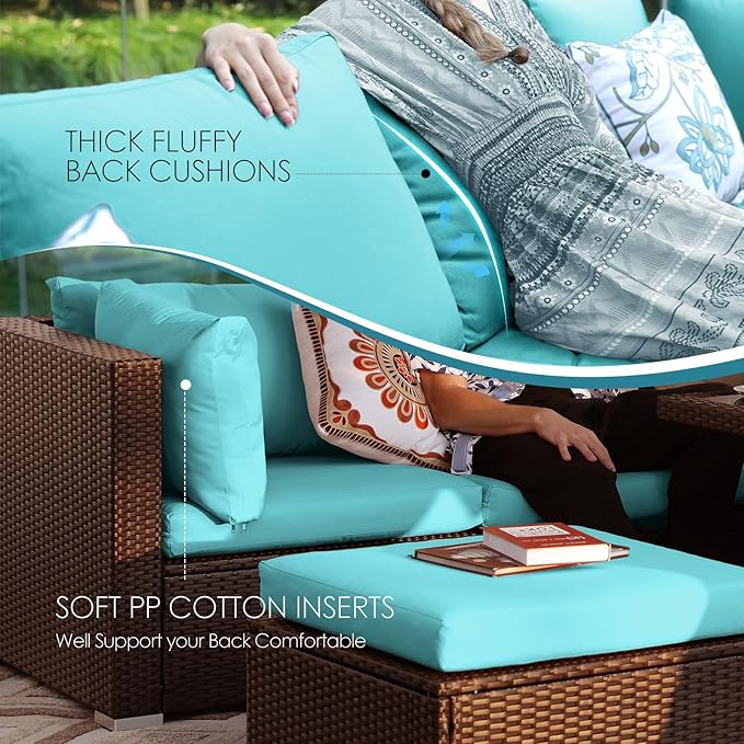 NICESOUL 7 Piece Outdoor Furniture Set with Firepit Natural Gas & Propane, Plus Size Big Modern Patio Conversation Couch, 29.3 High Back Comfy Sectional Sitting Group, Brown Rattan and Teal Cushoin