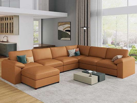 EASE MOOSE Faux Leather Sectional with Ottoman, Oversized Modular Couch, Modular Sectional Sofa with Deep Seat, Scratch Resistant Faux Leather Material, U Shaped Couch for Big Spaces, Brown