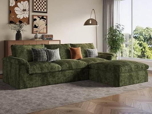 EASE MOOSE Oversized Sectional Cloud Couch for Living Room, L-Shape Modular Boneless Sofa, Cloud Sofa Set with Fluffy Foam, 4-Seat Deep Comfy Sofa with Ottoman for Bedroom Apartment, Chenille (Green)