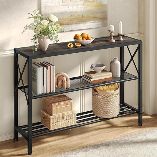 Hoctieon Industrial Console Table, 3 Tier Entryway Table, Hallway Table, Narrow Sofa Table with Shelves, Entrance Table for Entryway, Living Room, Foyer, Hallway, Office, Grey