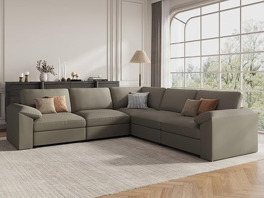 EASE MOOSE Oversized Corner Modular Sectional Sofa, Faux Leather Sectional Sofa with Deep Seat, Scratch Resistant Faux Leather Material, Extra Large L Shaped Couch, Light Grey