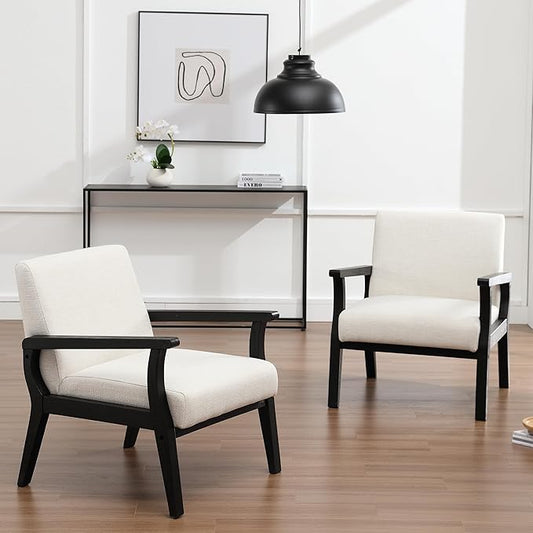 Mid Century Modern Accent Chair Set of 2, Linen Upholstered Living Room Accent Armchair with Black Wood Frame, Farmhouse Chair Indoor Corner Chair for Living Room Bedroom, Beige