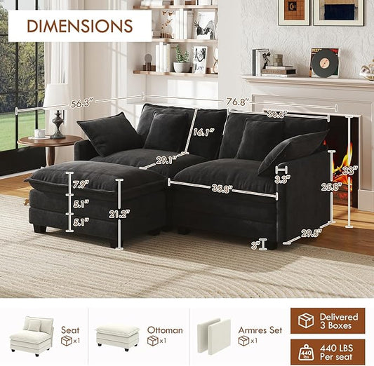 WorthFurni 77 Inch L Shape Cloud Sofa, Modular Sectional Couch with Ottoman, Comfy Chenille Deep Seat Loveseat with Pillow for Living Room Bedroom Apartment (Black)