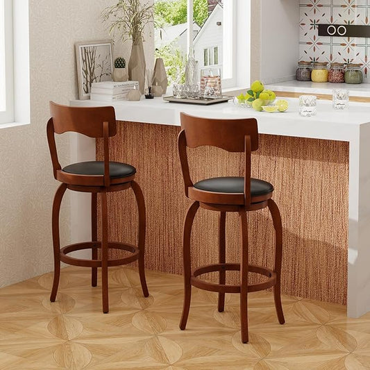 COSTWAY Bar Stools Set of 2, 29 Inch Swivel Bar Height Chairs with Rubber Wood Frame, Upholstered Seat, High Back Barstools for Kitchen Island, Home Bar, Pub, Brown (2, Seat Height: 29”)