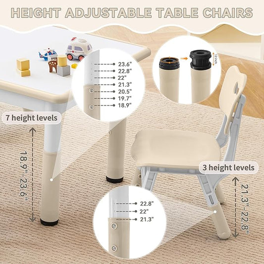 Kids Study Table and Chairs Set, Height Adjustable Toddler Table and Chair Set for Kids Ages 3-8, 31.5" L x 23.6" W Graffiti Desktop Plastic Children Art Table with 4 Seats