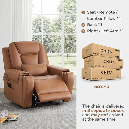CHITA Electric Power Lift Recliner Chair for Elderly with Massage and Heat, Large Lay Flat Genuine Leather Recliner Chair with Cup Holders, USB Ports, Power Headrest, Independent Backrest, Navy