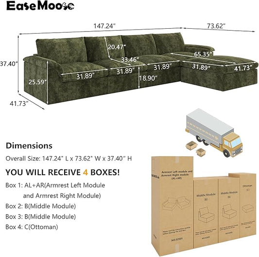 EASE MOOSE Oversized Cloud Couch Sectional Sofa, L-Shaped Large Modular Couch for Living Room, Minimalist Boneless Convertible Couches with Ottoman, 5-Seat Deep Sofas for Bedroom, Chenille (Green)