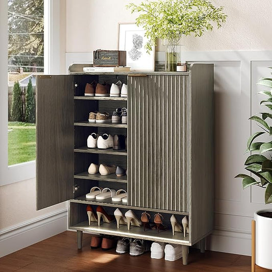 VINGLI Shoe Cabinet with Fluted Doors, 6 Tier Large Wooden Entryway Shoe Storage Cabinet with Adjustable Shelves,44.5" Tall Modern Freestanding Shoe Rack Organizer for Entryway, Hallway,Gray Oak