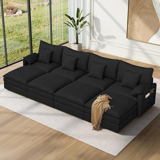 Vesgantti 142" Oversized Sectional Sofa Bed, 8-Seater Modular Sleeper Cloud Couch with Movable Ottoman, Corduroy Convertible Sofa Set Deep Seat Couches for Living Room, Bedroom and Apartment, Black