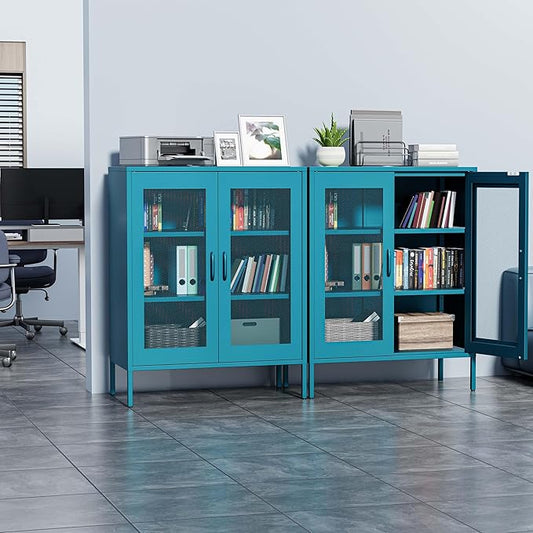 Metal Storage Cabinet with Mesh Doors,Steel Display Cabinet with Adjustable Shelves,Metal Office Storage Locker for Home Office,Garage(Blue, 40''H)