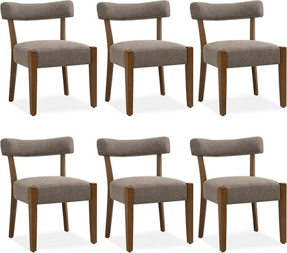 Modern Dining Chairs Set of 6, Walnut Upholstered Kitchen & Dining Room Chairs, Mid Century Wooden Dining Chairs Oversized Sturdy Fabric Rounded Chairs Curved Back, Tan Brown