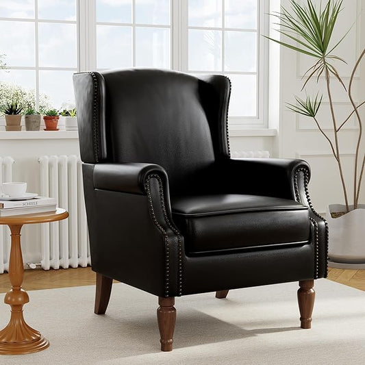 Accent Chair, Upholstered High Back Armchair with Nailhead Trim & Wood Legs, Comfy Wingback Reading Single Sofa Chair for Small Spaces, Living Room, Bedroom (Leather Black, Set of 1)