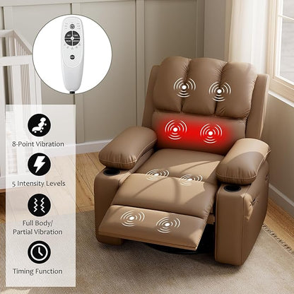 27" Oversized Power Recliner Chair, Faux Leather Rocking Chair with Heat & Massage, 360° Swivel Modern Electric Recliner with Cup Holder ＆ USB Charging for Living Room, Bedroom, Nursery - Khaki