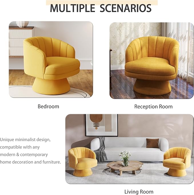 Swivel Accent Chair Set of 2,Upholstered Velvet 360° Swivel Barrel Chair for Living Room Overstuffed Bouncle Reading Chair Round Armchair for Bedroom,Vanity,Office (Mustard)