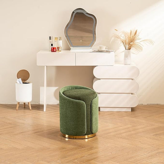Swivel Vanity Stool with Gold Base Comfy Vanity Chair Modern Round Stool for Makeup Vanity Ottoman Foot Rest for Bedroom livingroom (Green)