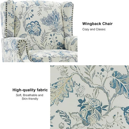 Accent Chair, Upholstered High Back Floral Armchair with Nailhead Trim & Wood Legs, Comfy Wingback Reading Single Sofa Chair for Small Spaces, Living Room, Bedroom ( Plants Blue Floral, Set of 2)