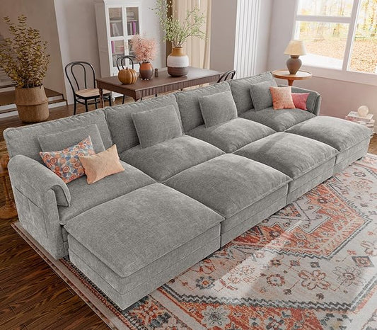 ELUCHANG Oversized 153" Modular Sectional Sofa, Comfy Deep Seat Cloud Couch, Sleeper Sofa Bed, 8 Seat Modern Couch with Removable Cover for Living Room, Apartment, DIY Combination, Chenille Light Grey