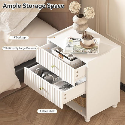 Modern Nightstand, Fluted End Table with 2 Drawers, Nightstand with Open Shelf for Bedroom (1, White)