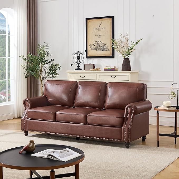 Kingfun Mid-Century Modern Couch, Faux Leather Sofa, 3 Seater Couch for Living Room with Rolled arms & Nailhead Trim, Dark Coffee