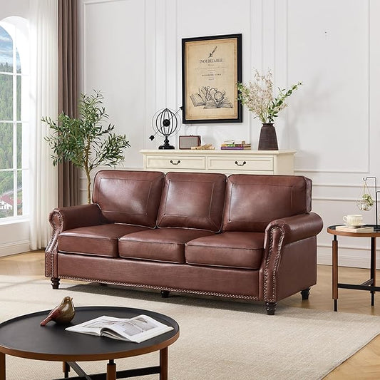 Kingfun Mid-Century Modern Couch, Faux Leather Sofa, 3 Seater Couch for Living Room with Rolled arms & Nailhead Trim, Dark Coffee