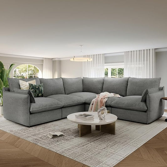 Cloud Modular Sectional Sofa, Waterproof Down Filled Sectional Sofas, High Backrest V Shaped 5 Seater Sectional Couches for Living Room, Modern Modular Couch with Removable Cover, Dark Gray
