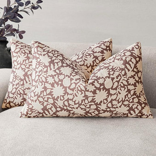 Foindtower Set of 2 Decorative Neutral Floral Throw Pillow Covers Accent Farmhouse Cushion Covers Boho Lumbar Pillowcase for Couch Sofa Bedroom Living Room Home Decor,12×20 Inch,Wine Red